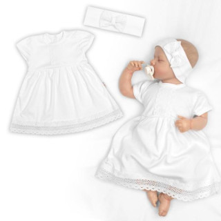 Luxusní šatičky s krajkou Sofia krátkým rukávek + čelenka 2D sada bílé