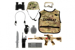Vojenská sada látka/plast vesta, helma, samopal na setrvačník 48cm + doplňky v sáčku