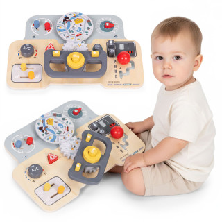 Montessori manipulační deska pro děti – dřevěný panel s volantem a přepínači