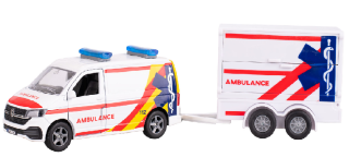 VW Transporter ambulance kov zpětný chod s přívěsem Kids Globe Traffic 