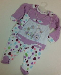 Kojenecký set (dupačky, tričko a čelenka) s puntíky a zajíčkem FIALOVÝ vel. 62