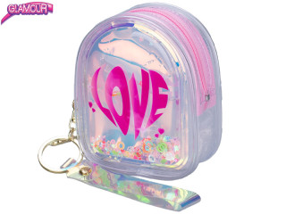 Glamour mini batůžek holografický 10,5 cm se třpytkami s přívěskem na klíče