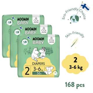 Jednorázové eko pleny 2 Newborn 3–6 kg (168 ks), měsíční balení eko plen Moomin Baby