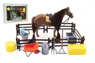 Kůň česací hnědý s doplňky a ohradou