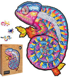 Dřevěné barevné puzzle - Hypnotický chameleon