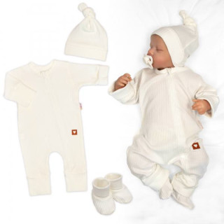 Rostoucí žebrovaný overálek, čepička a botičky Nature - ecru Vel. 50/56 Baby Nellys