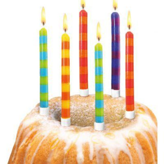 Narozeninové svíčky proužky + stojánky 12 ks