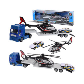 Tahač s návěsem 29 cm kov 1:43 volný chod +VRTULNÍK A POLICEJNÍ AUTO