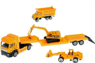 Tahač s návěsem 29 cm kov 1:43 volný chod + auta ŽLUTÝ TAHAČ