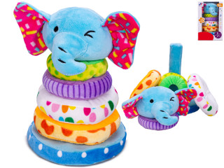 Pyramida slon 21 cm plyšová s pískátkem a kroužky 4 ks 18 m+
