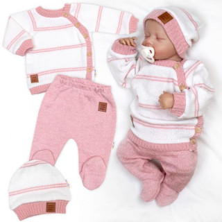 Pletená sada pro miminko s jemným proužkem 3dílná lux růžová - bílá Baby Nellys