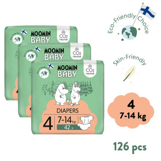 Jednorázové eko pleny 4 Maxi 7–14 kg (126 ks), měsíční balení eko plen Moomin Baby