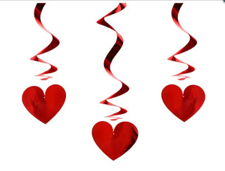 Papírové závěsné serpentýny srdíčka červená 3ks