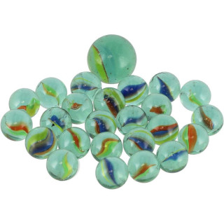 Kuličky cvrnkací skleněné různé velikosti v síťce