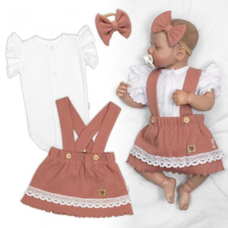 3dílná sada Lady, body, suknička s laclem, čelenka starorůžová/bílá Baby Nellys