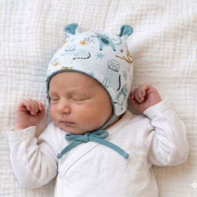 Kojenecká dvouvrstvá zavazovací čepička s oušky Kočka Modrá Baby Service
