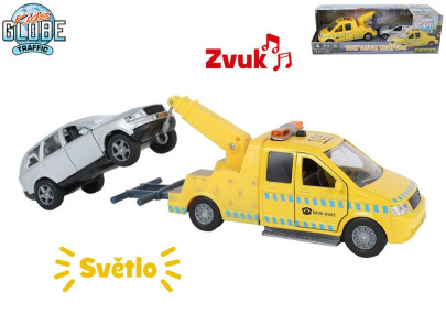 Odtahovka 14 cm kovová, zpětný chod na baterie světlo+zvuk s autem 11,5 cm Kids Globe Traf