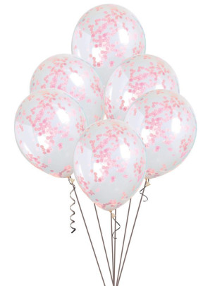 Balónek transparentní 30 cm potisk - Růžové konfety, 6 ks