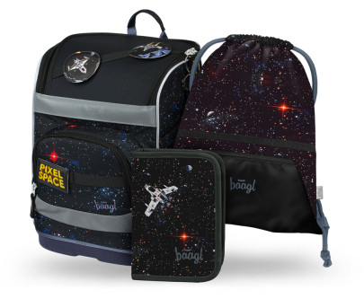 Set 3 Zippy plus Pixel Space: aktovka, penál, sáček Baagl 