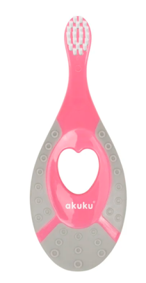 První zubní kartáček se silikonovým kousátkem Růžový Akuku