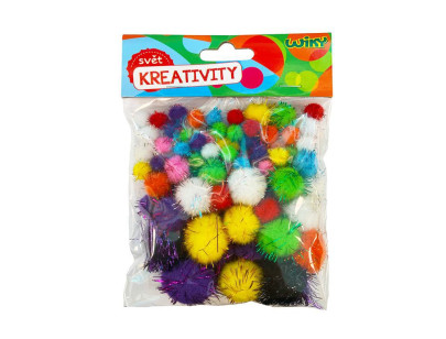Pom pom glitter mix velikostí, 80 ks