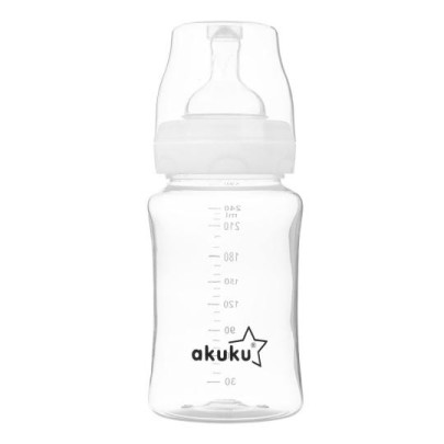 Kojenecká, plastová antikoliková lahvička se širokým hrdlem 240 ml Akuku