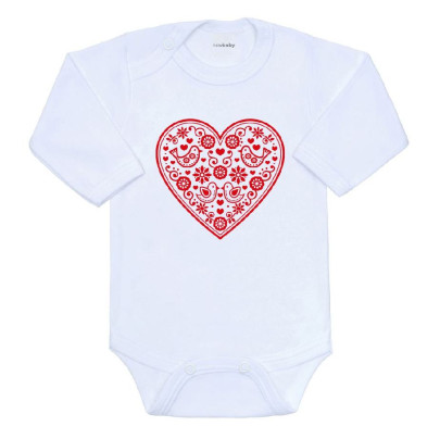 Dětské body s potiskem Lidový vzor červené srdíčko New Baby