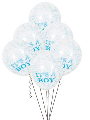 Balónek transparentní 30 cm potisk "It´s a boy" s modrými konfetami, 6 ks