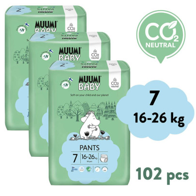 Jednorázové pleny Pants 7 XL 16-26 kg (102 ks), měsíční balení Muumi Baby