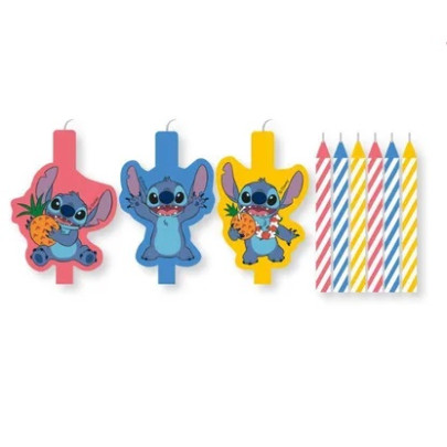 Svíčky tvarované Stitch & Angel 3 ks + spirálové barevné 6 ks
