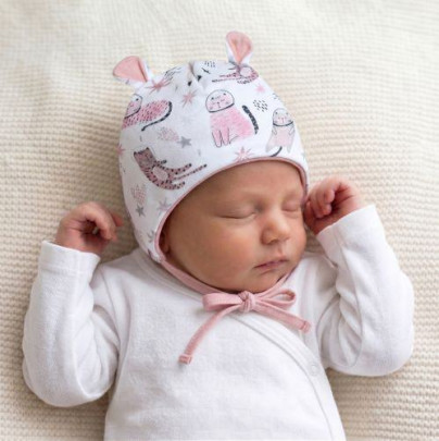 Kojenecká dvouvrstvá zavazovací čepička s oušky Kočka Růžová Baby Service