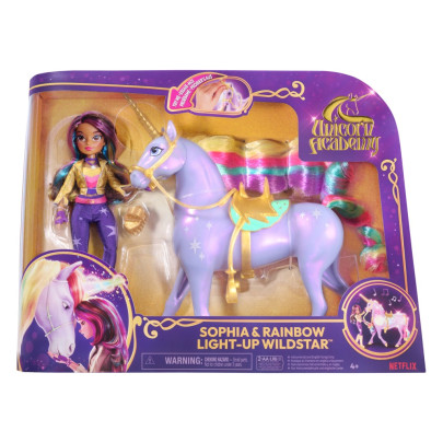 Unicorn academy světelný jednorožec Wildstar 28 cm s panenkou Sophií 24 cm