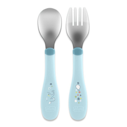 Lžička a vidlička nerez - teal 18 m+ Chicco