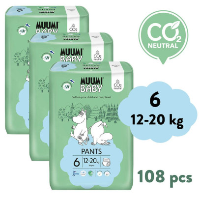 Jednorázové eko pleny Pants 6 Junior 12-20 kg (108 ks), měsíční balení Muumi Baby