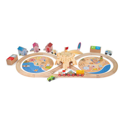 Dřevěná vláčkodráha Úklid pobřeží 70 dílů Bigjigs Rail