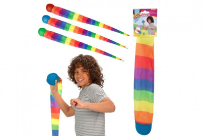 Míček měkký s dlouhým ocáskem látka 100 cm duhový 