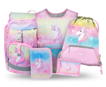 Set 5 Airy Rainbow Unicorn: batoh, penál, sáček, zástěra, peněženka Baagl