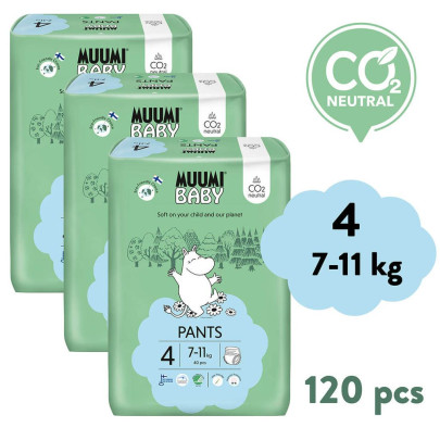 Jednorázové eko pleny Pants 4 Maxi 7-11 kg (120 ks), měsíční balení Muumi Baby