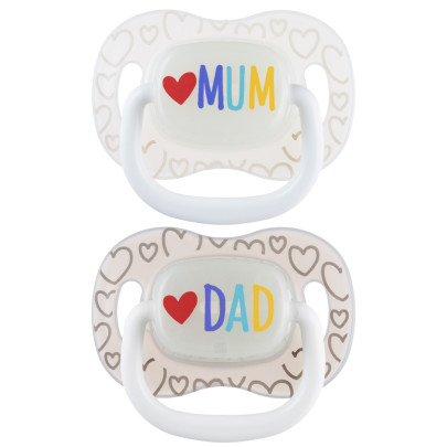 Dudlík svítící silikonový symetrický Love Mum & Dad 0 - 6 m, 2 ks Canpol babies