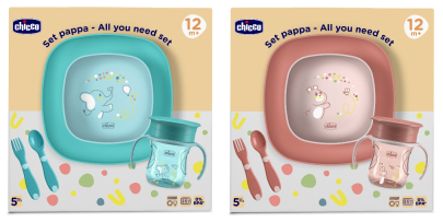 Set jídelní - miska, talíř, láhev a příbor 12 m+ Chicco
