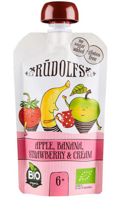 BIO kapsička Jablko, banán, jahoda se smetanou 110 g Rudolfs