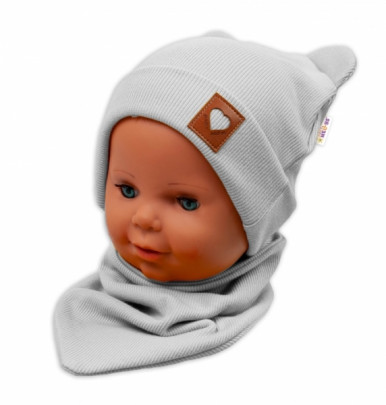 Žebrovaná dvouvrstvá čepice s oušky + šátek Teddyy - šedá baby Nellys