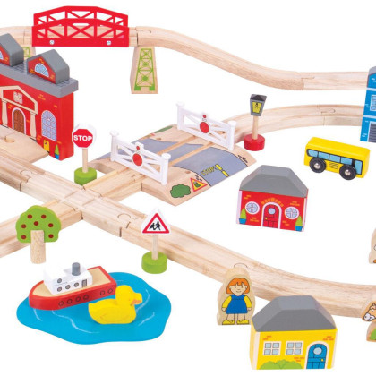 Dřevěná vláčkodráha město a vesnice 91 dílů Bigjigs Rail
