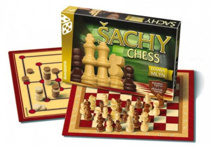Šachy, dáma, mlýn společenská hra v krabici
