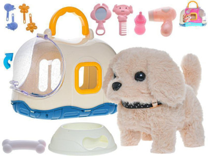 Pejsek plyšový 19 cm na baterie chodící a štěkající v přepravce