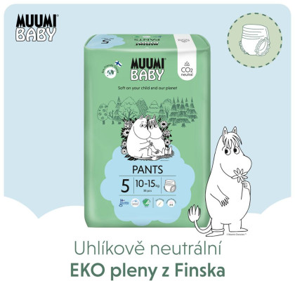 Jednorázové eko pleny Pants 5 Maxi+ 10-15 kg (114 ks), měsíční balení Muumi baby