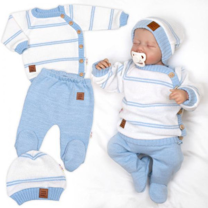 Pletená sada pro miminko s jemným proužkem 3dílná lux modrá - bílá Baby Nellys