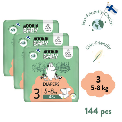Jednorázové eko pleny 3 Midi 5–8 kg (144 ks), měsíční balení eko plen Moomin Baby
