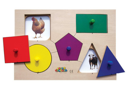 Dřevěné deskové puzzle 6 dílů a 4 předlohy Tvary a paměť