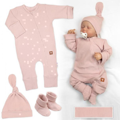 Rostoucí žebrovaný overálek, čepička a botičky Nature - růžová Baby Nellys